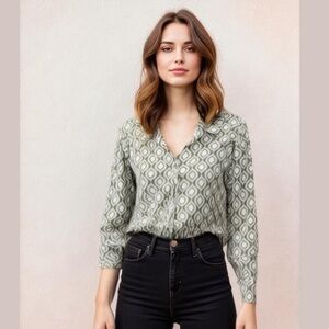 No Boundaries Olive Geometric Button Down Shirt